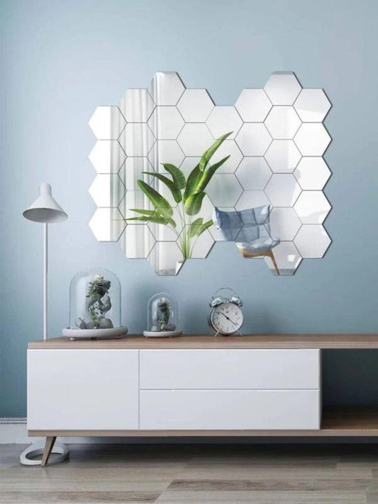 40 Hexagonal Silver Wall Decor 3D Acrylic Decorative Mirror for Wall Stickers | Mirror Stickers for Home & Office (10.5 x 12.1) Cm